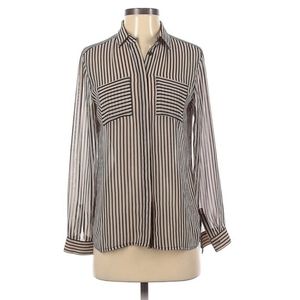 LOFT Striped Collared Long Sleeve Blouse in Beige / Black